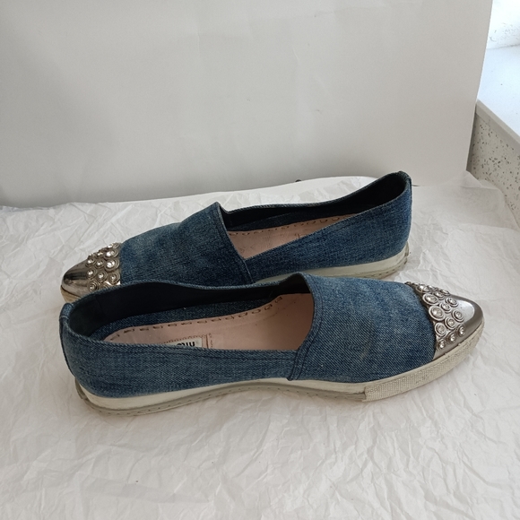 🆕 Miu Miu Denim Crystal Silver Platform Loafers size 10 - Picture 10 of 16